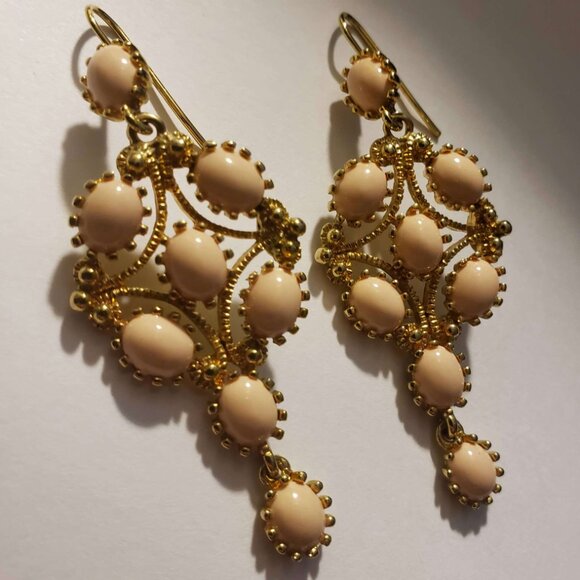 Kenneth Jay Lane Earrings - Gold With Light Coral Stones - Picture 4 of 6